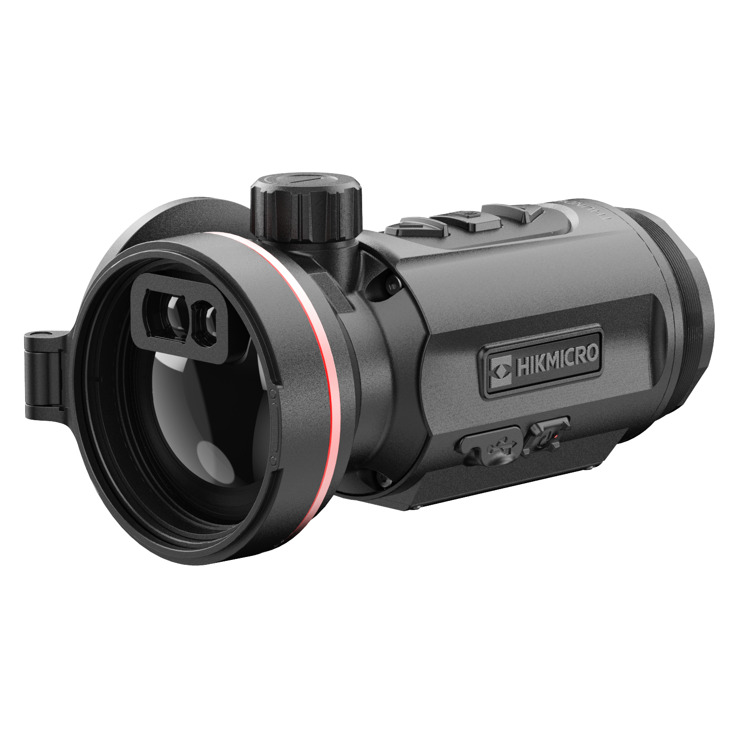 ELITE HIKMICRO Thunder 3.0 TQ50CL thermal front clip-on with laser rangefinder, mounted on an optical device for enhanced thermal imaging.