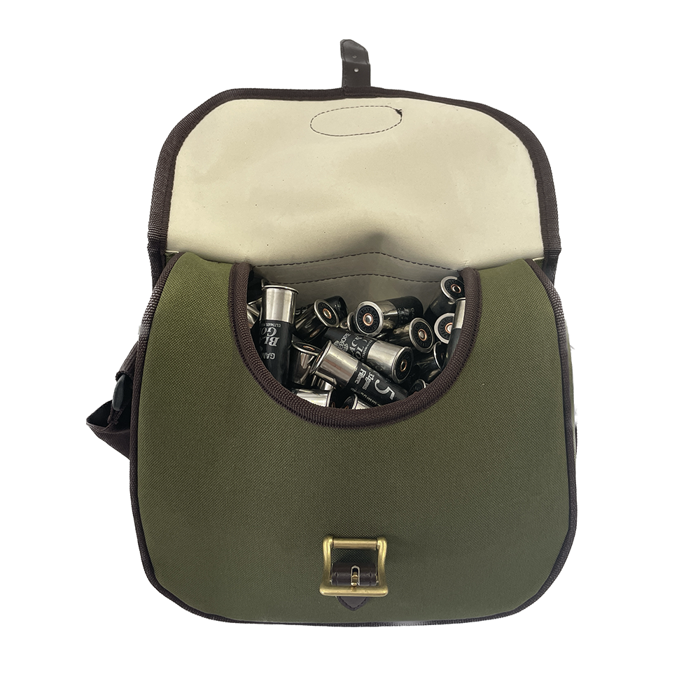 Green Fairfax cartridge bag with 175-capacity for storing and organizing ammunition or cartridges.