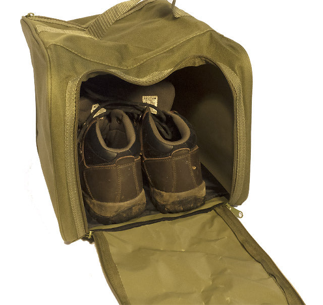 Green Fairfax small muddy boot bag with durable fabric and adjustable strap for convenient outdoor footwear storage.