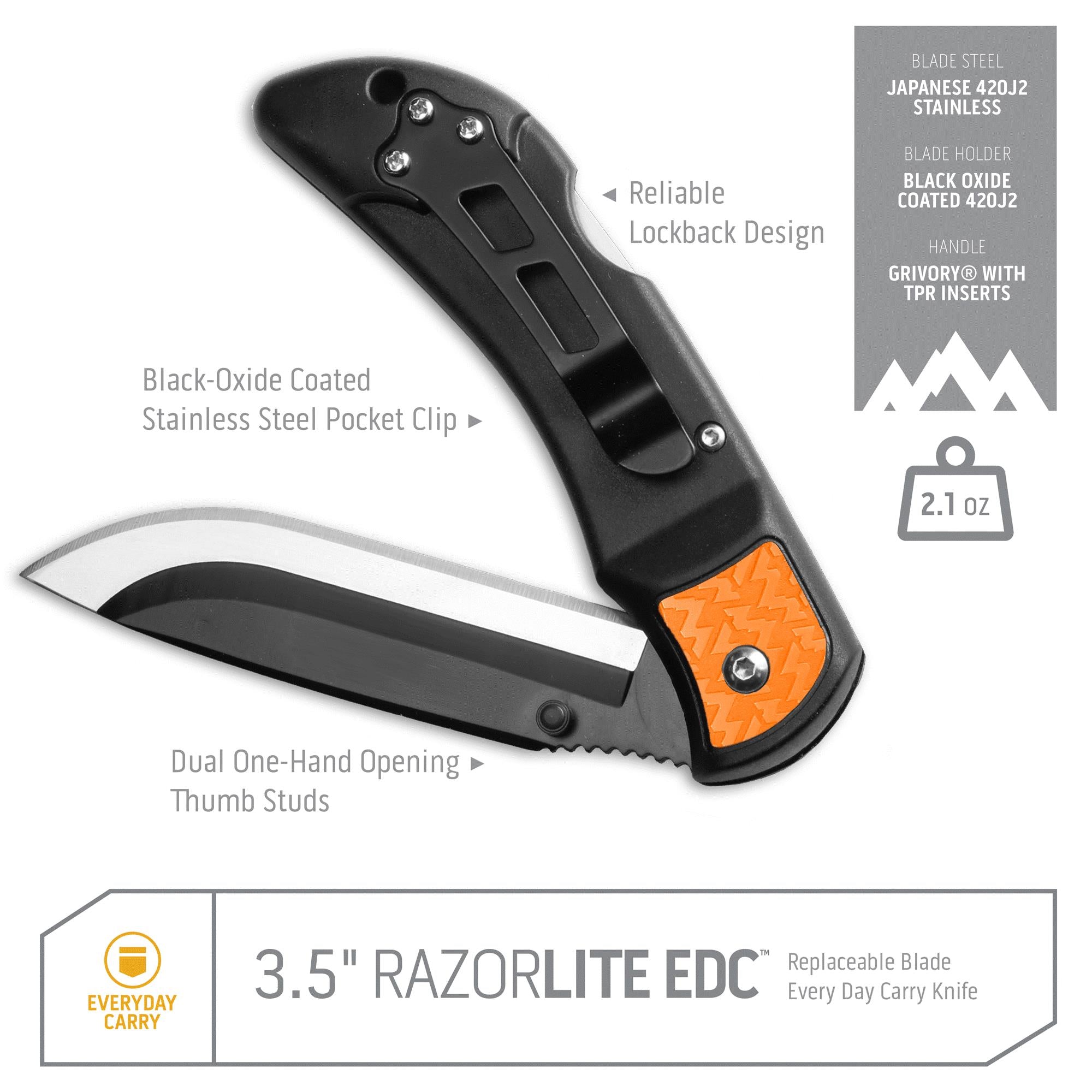 FRITZMANN Outdoor Edge Razor Lite Knife with a stainless steel blade and ergonomic handle for outdoor and hunting use