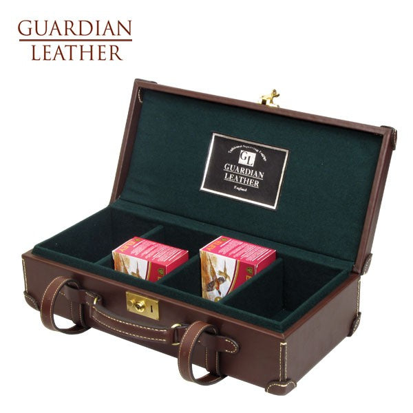 Guardian Leather Loaders Cartridge Case showing a brown leather exterior with secure closure and cartridge compartments.