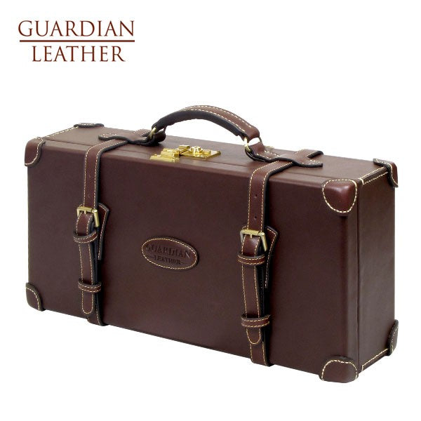 Guardian Leather Loaders Cartridge Case showing a brown leather case with a flap closure and multiple cartridge compartments.