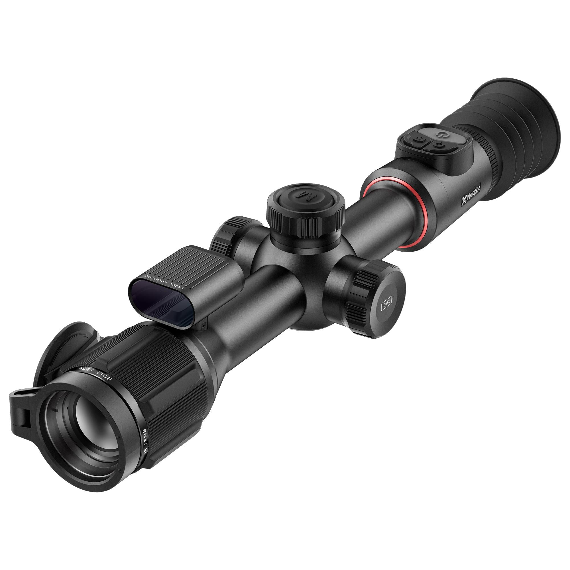 Hawke NocPix Bolt L35R thermal rifle scope with integrated laser rangefinder, black finish, mounted on a rifle for nighttime hunting.