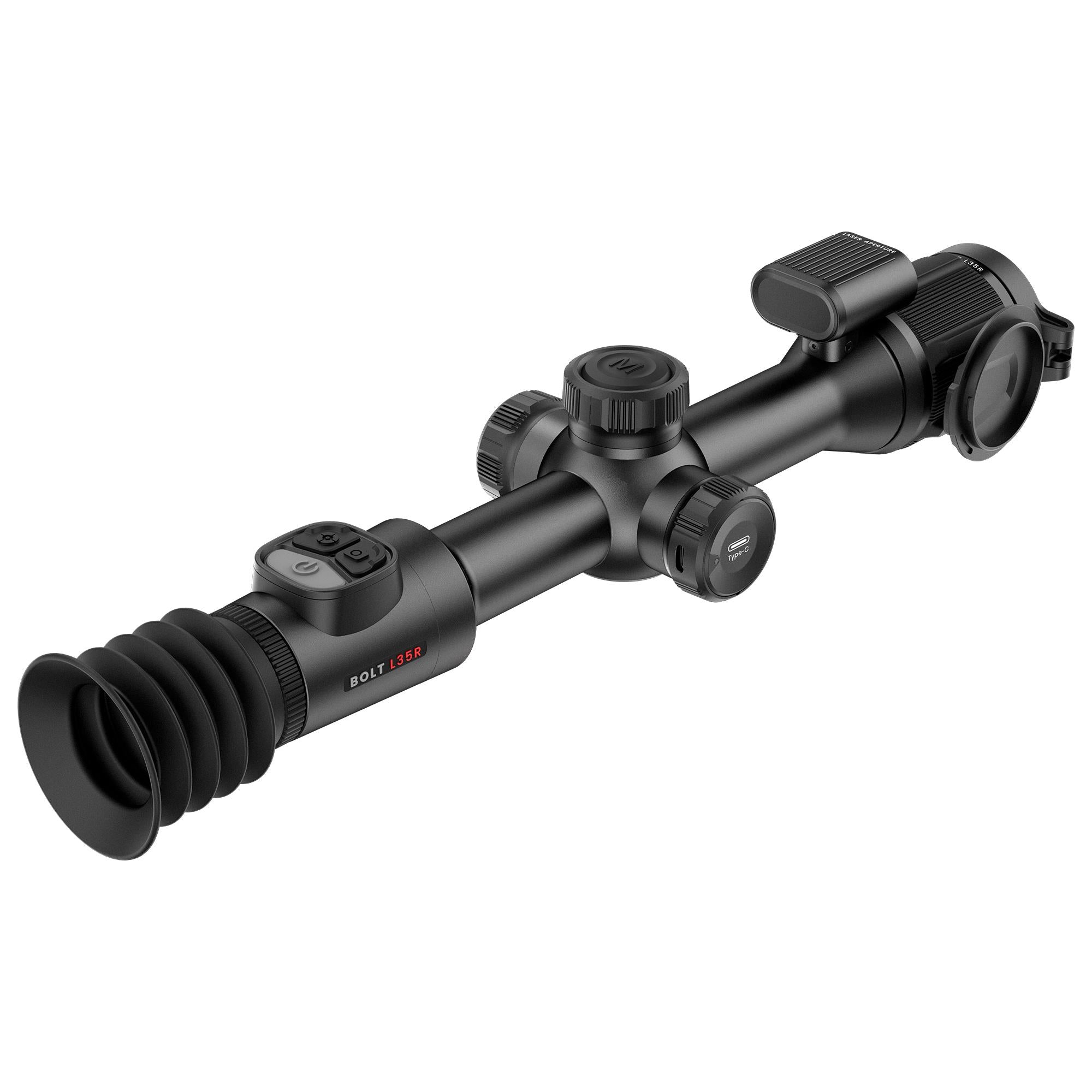 Hawke NocPix Bolt L35R thermal rifle scope with integrated laser rangefinder, black scope with digital display and adjustment knobs.