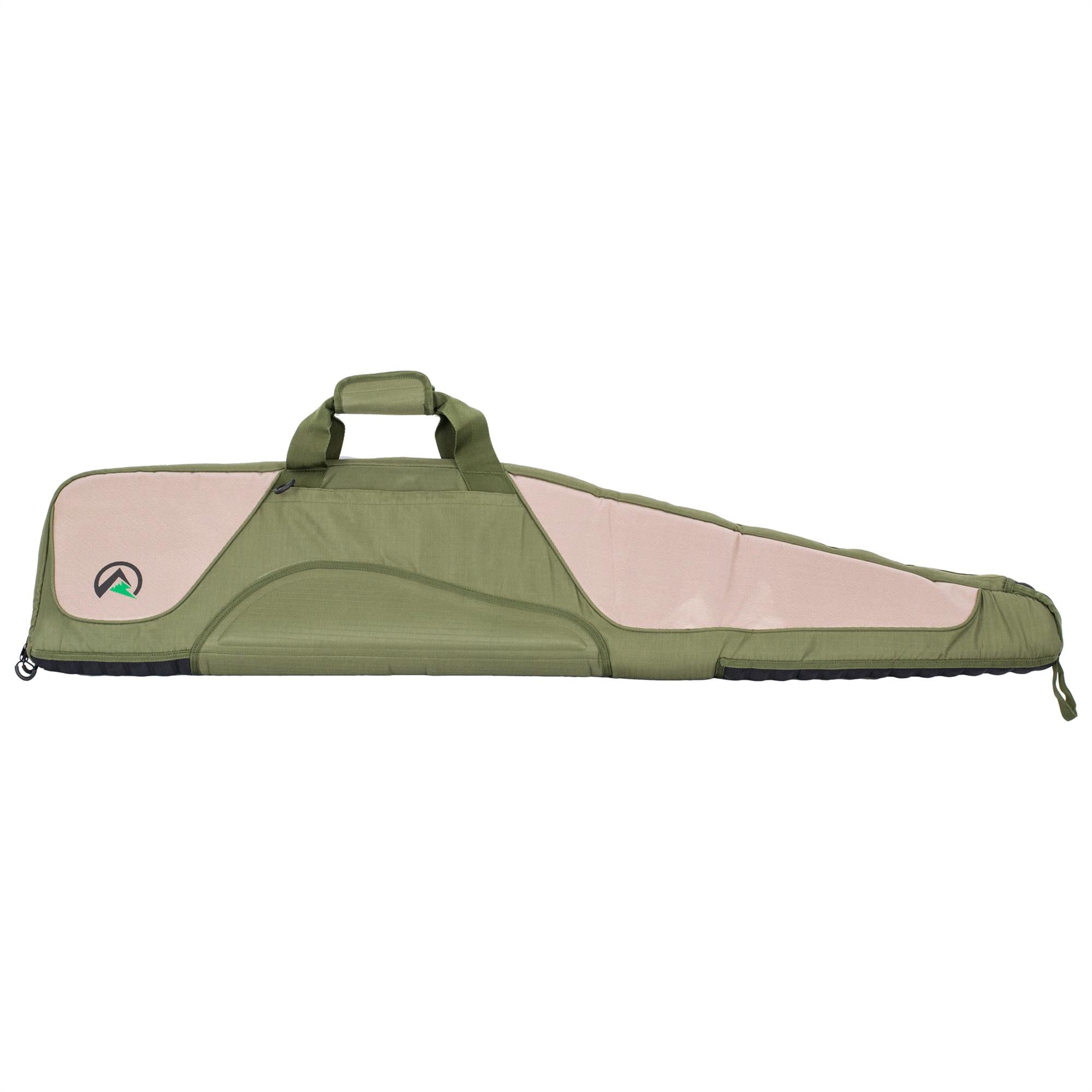 Highland Ridgeline Performance Rifle Bag in olive and tan with padded compartments and adjustable straps.
