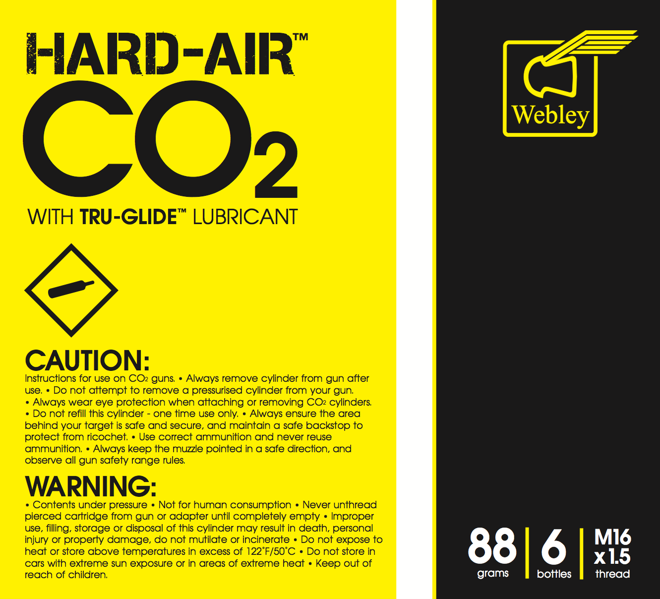 Highland Webley Hard Air CO2 88g cartridge for air guns, with a close-up view of the CO2 cylinder.