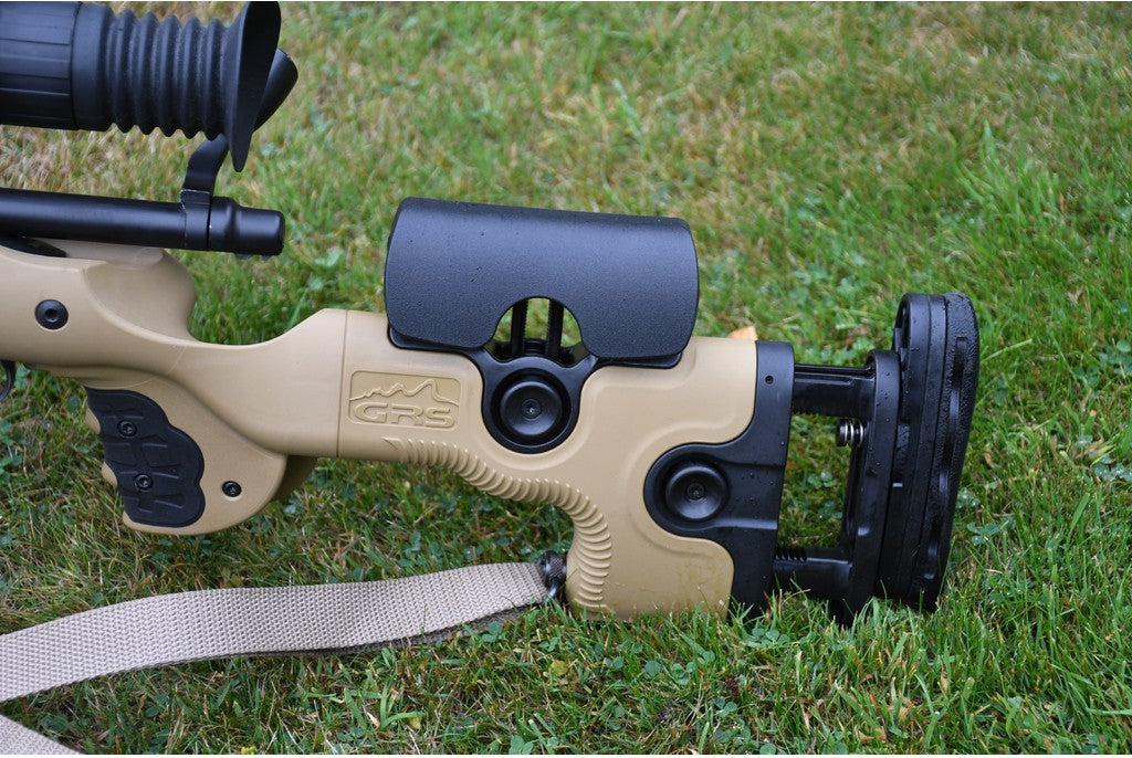 Highland GRS Bifrost adjustable rifle stock for Blaser R8, right-handed, with brown finish and ergonomic design.