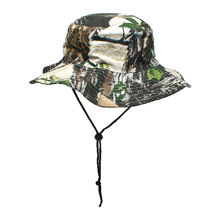 Highland Ridgeline Summer Bush Hat in Buffalo Camo with wide brim and adjustable strap, outdoor headwear for sun protection.