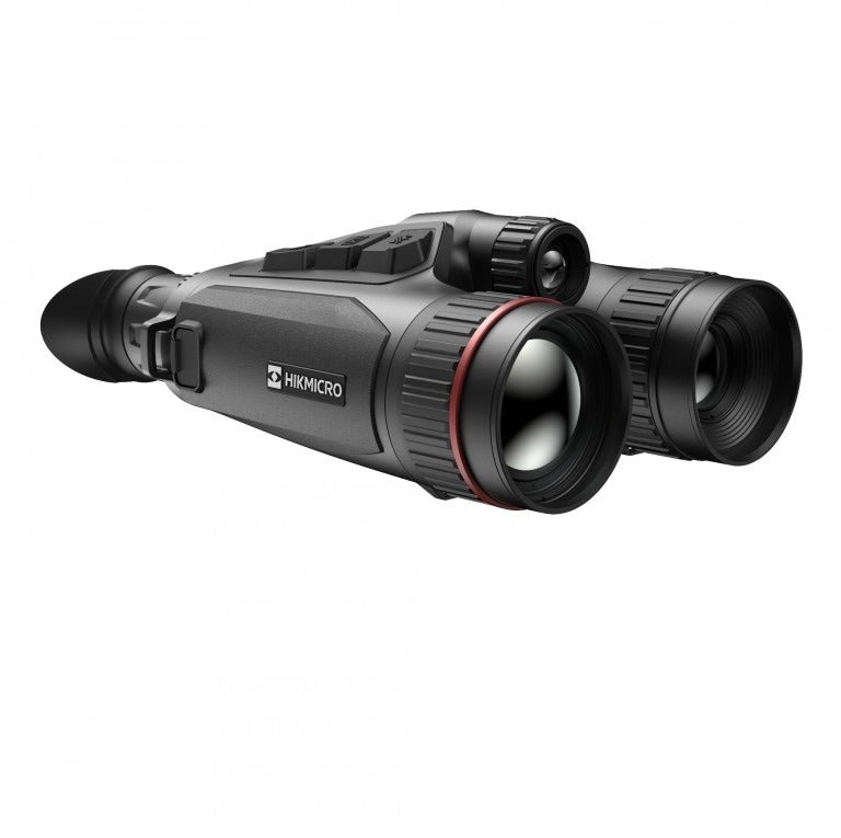 ELITE HIKMICRO Habrok Pro HQ50L multi-spectrum thermal binocular with 50mm lens, 4K camera, LRF, and harness for night vision.