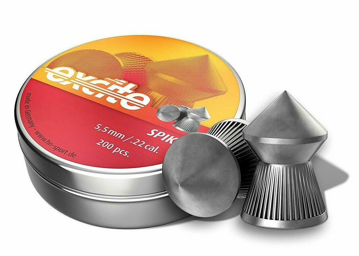 Rothery Excite Spike .22 pellets displayed in a container, showcasing the high-precision airgun pellets for shooting sports.