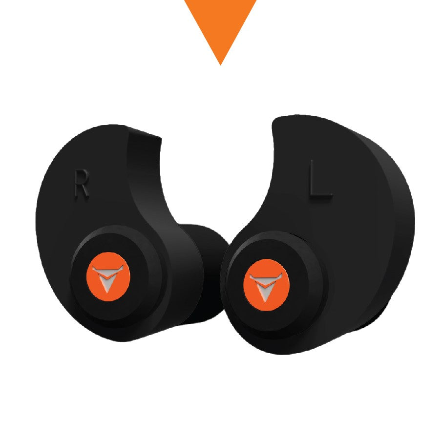 A pair of DECIBULLZ Percussive Ear Defenders by A1 Decoy Ltd, custom-molded ear protectors with adjustable fit.