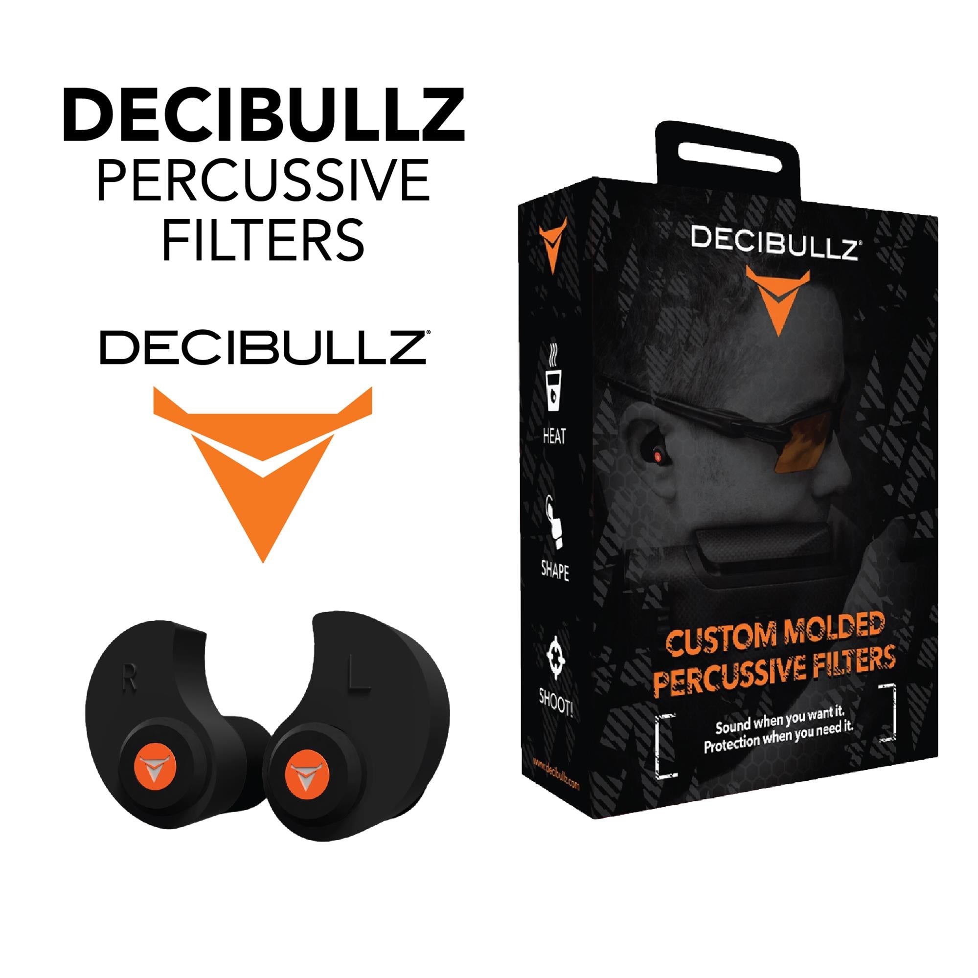A pair of DECIBULLZ Percussive Ear Defenders by A1 Decoy Ltd, showing adjustable ear protection with a black headband and ear cups.