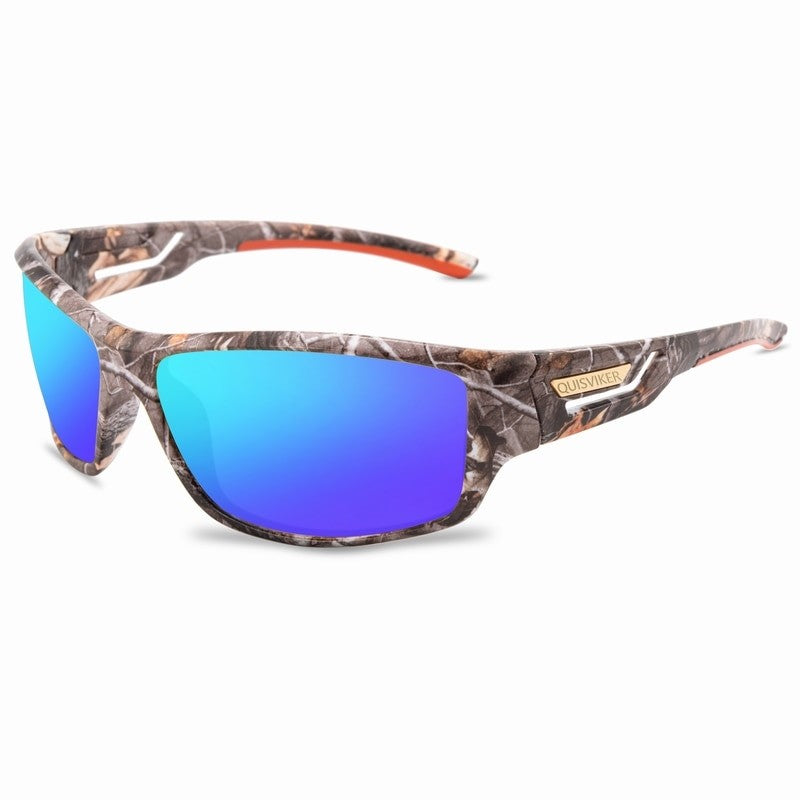 Blue camouflage hunting glasses with sleek frame and tinted lenses, designed for outdoor hunting and tactical use.
