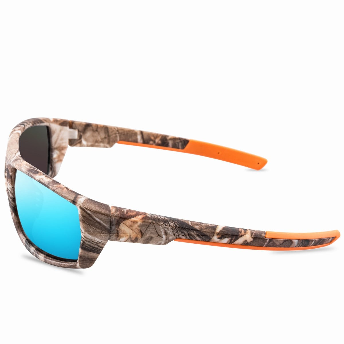 Blue camo hunting glasses from AliExpress with wraparound design and durable frame for outdoor hunting activities.