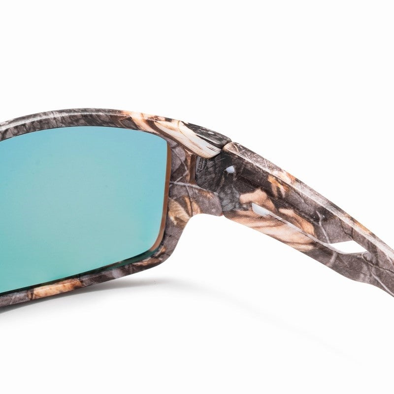 Blue camo hunting glasses by Aliexpress with wraparound design and tinted lenses for outdoor hunting activities.