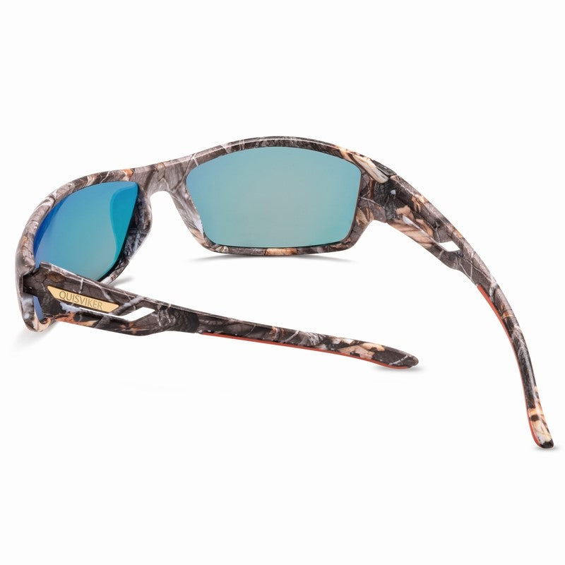 Blue camo hunting glasses by AliExpress with wraparound design and tinted lenses for outdoor hunting activities.