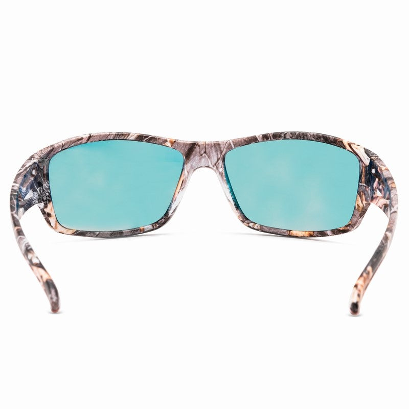 Blue camo hunting glasses from AliExpress with wraparound design and durable frame for outdoor hunting activities.