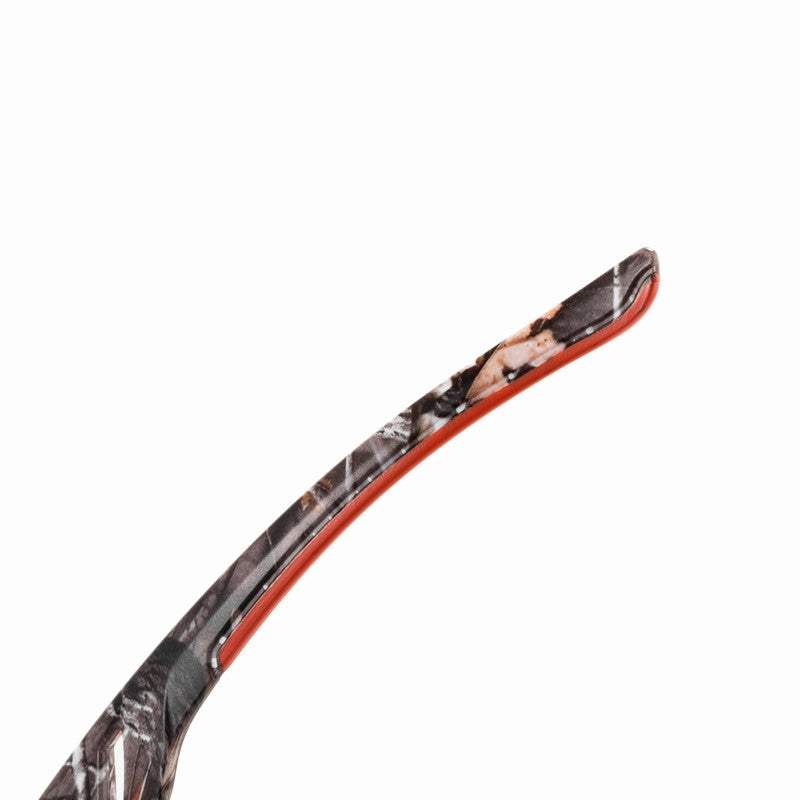 Blue camo hunting glasses with wraparound design and adjustable arms, ideal for outdoor activities and hunting.
