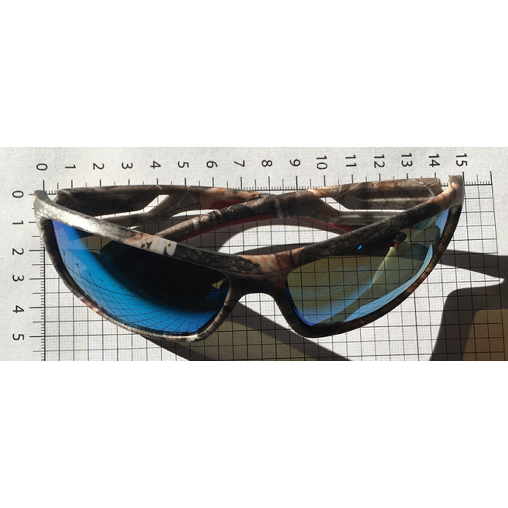 Blue camouflage hunting glasses by AliExpress, featuring wraparound design and tinted lenses for outdoor hunting activities.