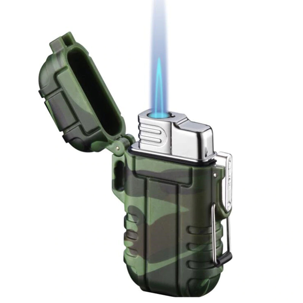 Camo gas lighter from ALIEXPRESS featuring a camouflage pattern and a reusable metal ignition mechanism.