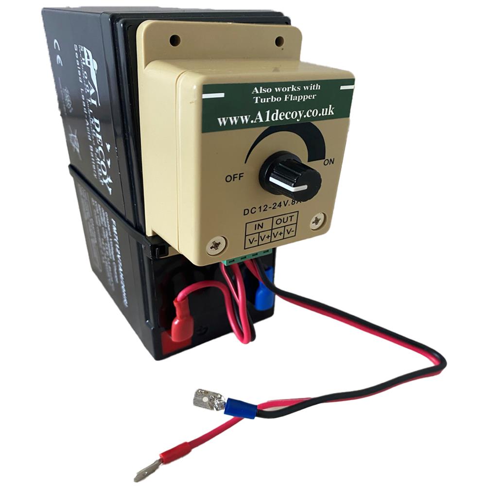 A1 DECOY LTD battery and heavy-duty speed controller with magnets and flappers, shown in a close-up of the device.