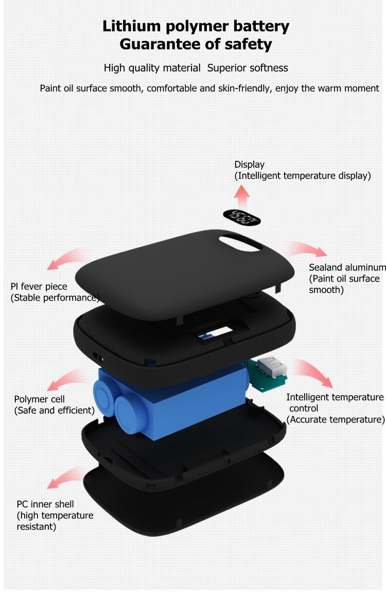 Double-sided digital hand warmer from AliExpress, showing the sleek compact design with digital temperature controls.