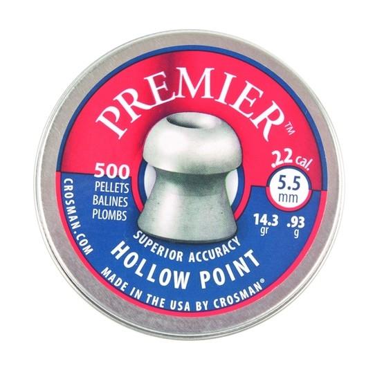 Crosman Premier Hollow Point Pellets .22 caliber for air rifles, shown in a container with multiple pellets visible.