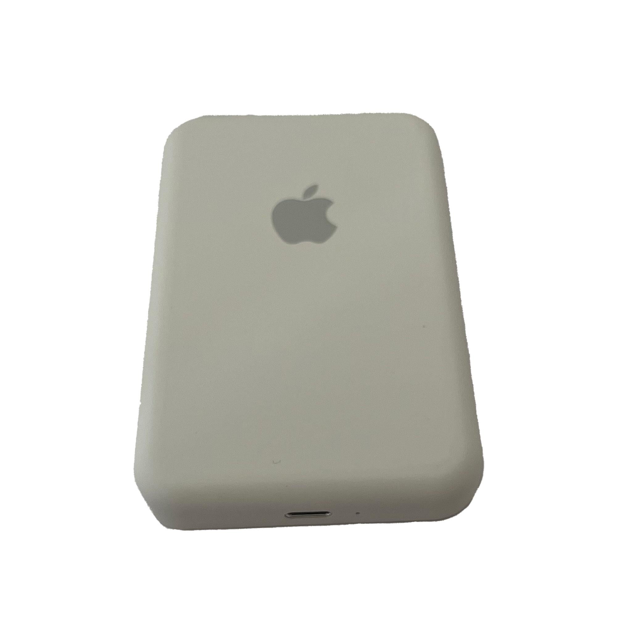 White portable magnetic wireless power bank for Apple iPhone 12 and 13 series, external battery with fast wireless charging.