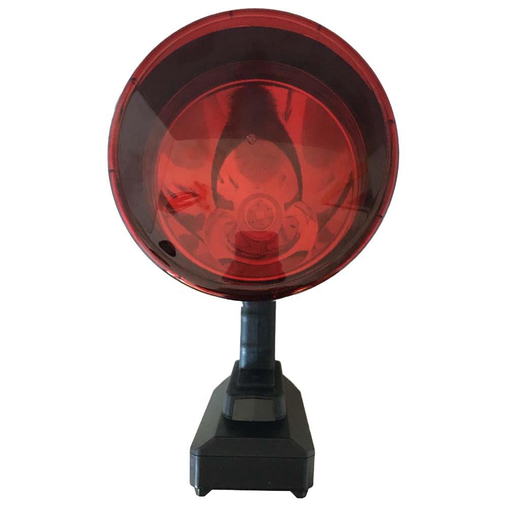 Rechargeable 150mm hunting lamp with red filter by Monica, featuring a compact design and adjustable focus for outdoor use.