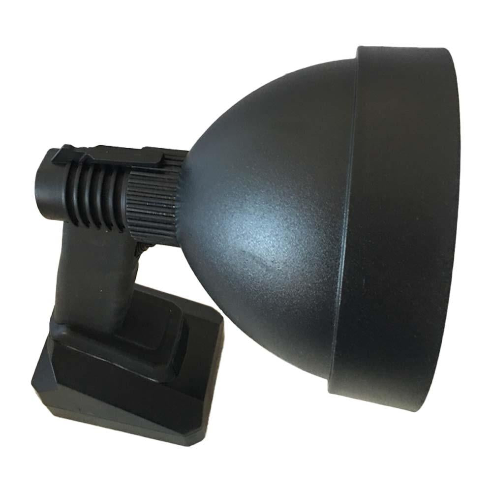 Rechargeable 150mm hunting lamp with red filter by Monica, featuring a compact design and adjustable focus for outdoor use.