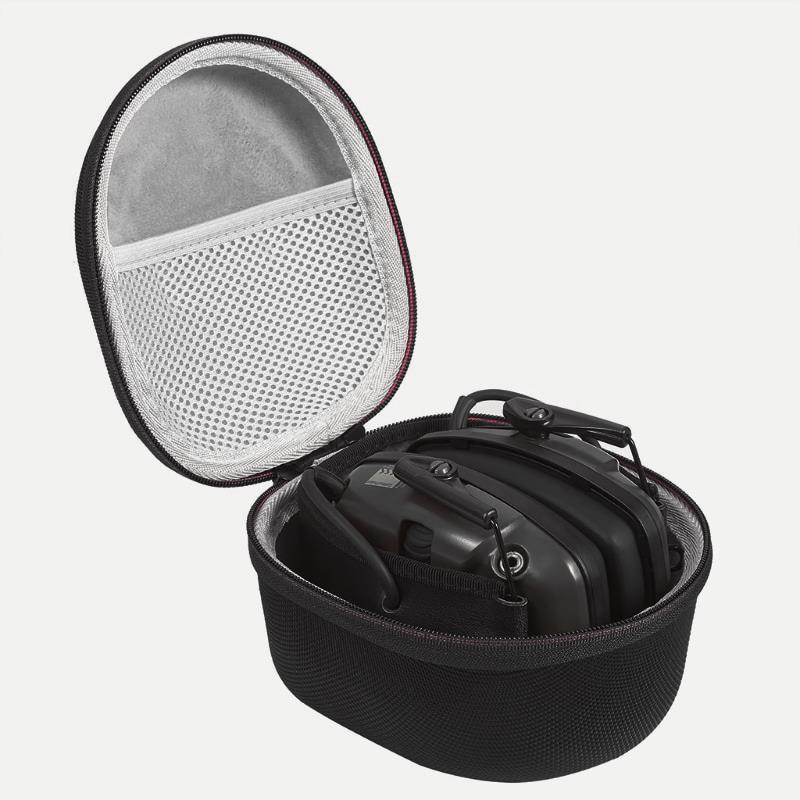 Green Impact Sport ear defenders with adjustable headband and carrying case, designed for hearing protection and noise reduction.