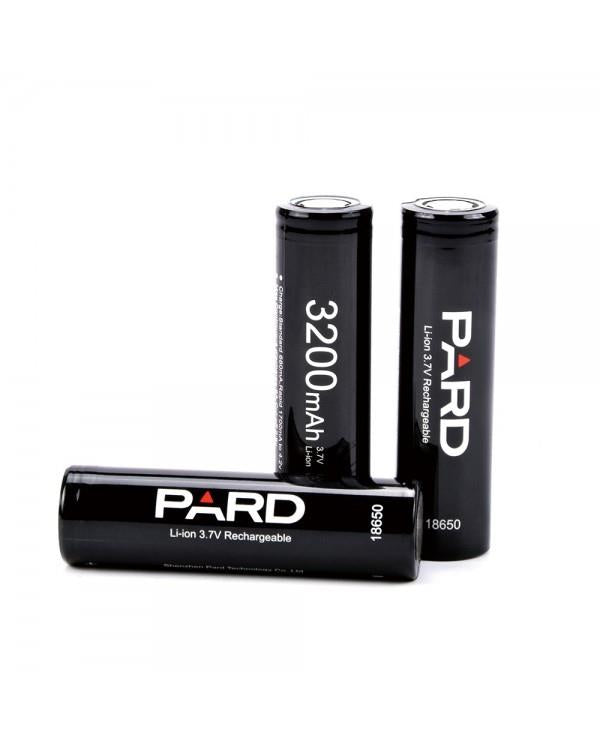 PARD 18650 rechargeable battery with 3200mAh capacity, shown with silver cylindrical design and positive/negative terminals