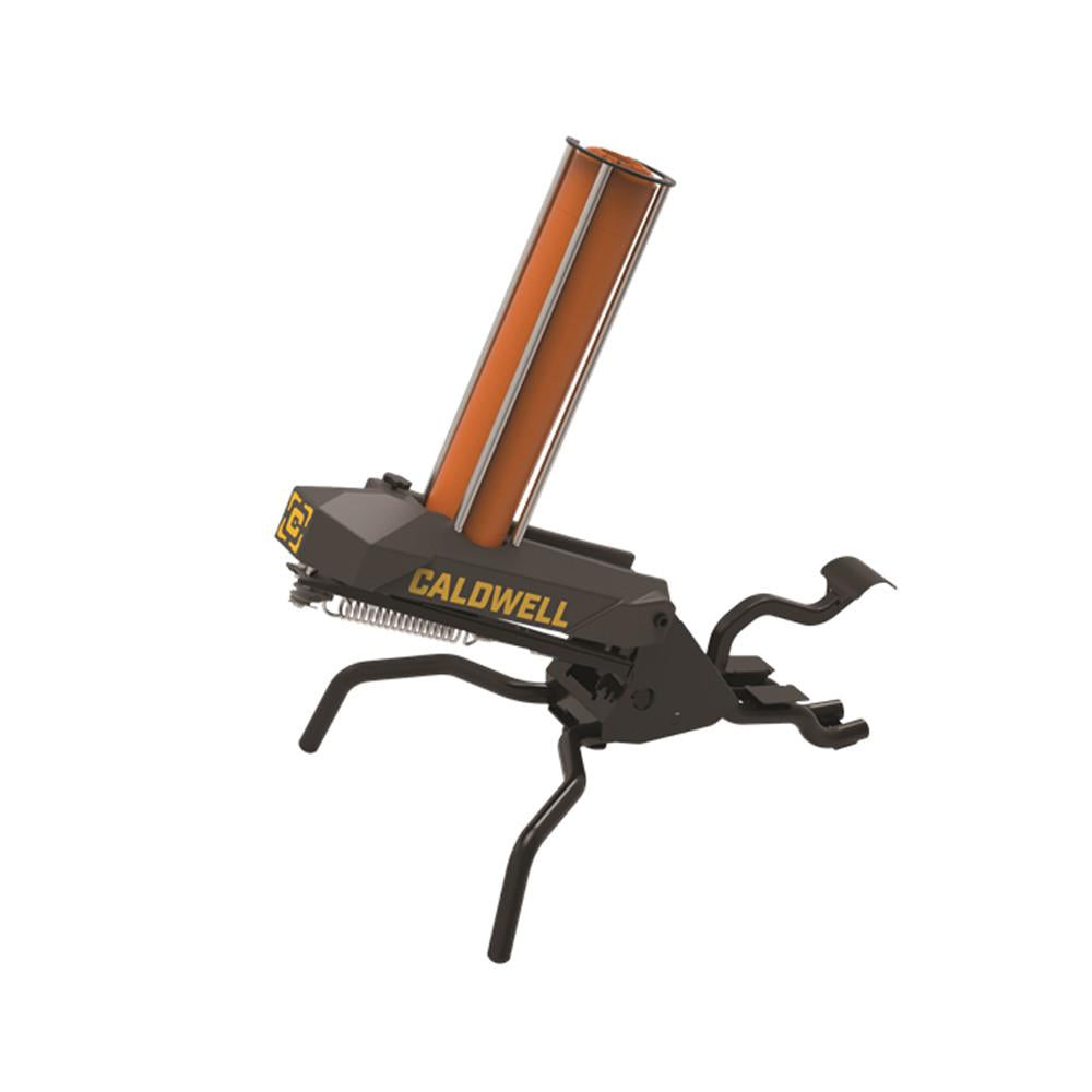 SPORTSMAN Caldwell Claymore clay target thrower set up for clay shooting practice, with a sturdy base and target launcher in view.
