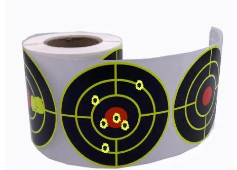 Roll of 200 self-adhesive shooting target stickers, ideal for practice and training, featuring vibrant designs for shooting sports.