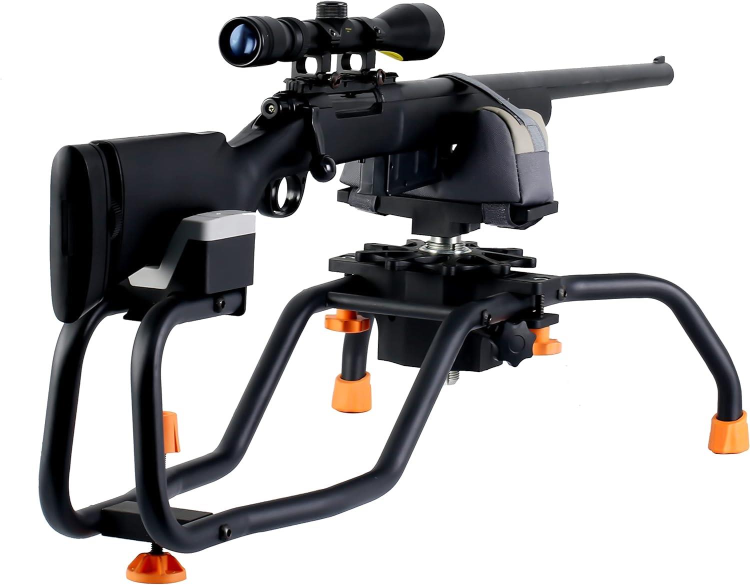 Heavy-duty adjustable ambidextrous gun rest by ECHO, showing its sturdy construction and versatile design for firearm support.