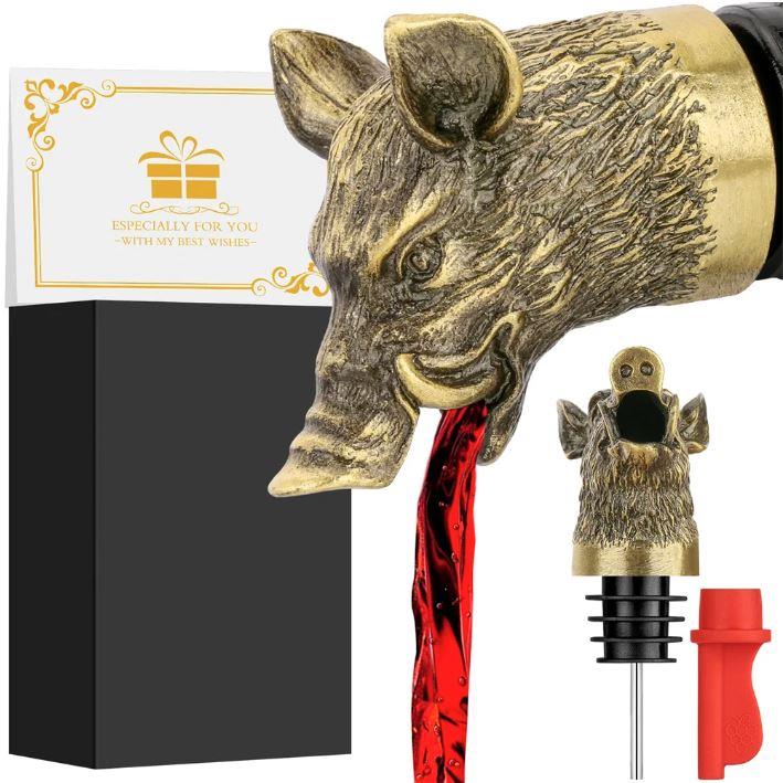Wild boar head wine pourer and stopper made of durable material, featuring detailed design and functional pour spout for wine bottles.