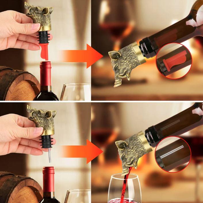 Wild boar head wine pourer and stopper, decorative wine accessory featuring a realistic wild boar design.