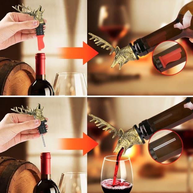 Deer head wine pourer and stopper with detailed antler design, made of ceramic or resin, perfect for wine bottles.