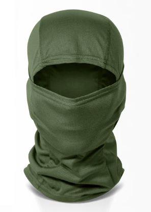 Green balaclava face veil by ALIEXPRESS, showing a close-up of the stretchy fabric covering the head and neck for warmth and protection.
