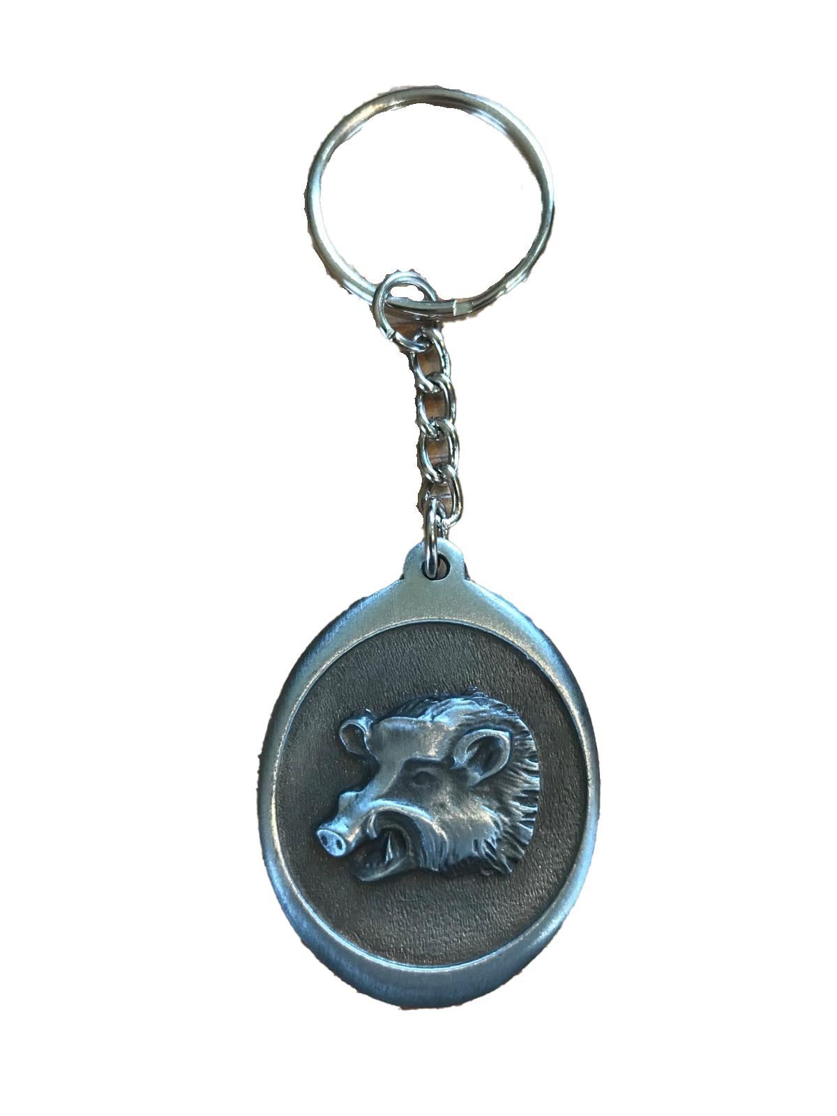 Silver boar keychain by SPJADG featuring a detailed boar design on a sleek metal keyring.