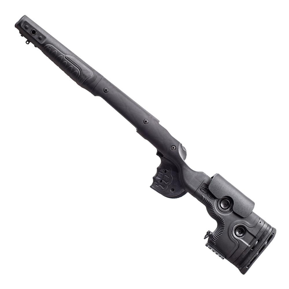 Black GRS Bifrost stock for Blaser R8 rifle, by SPORTSMAN, shown on a professional firearm with ergonomic design.