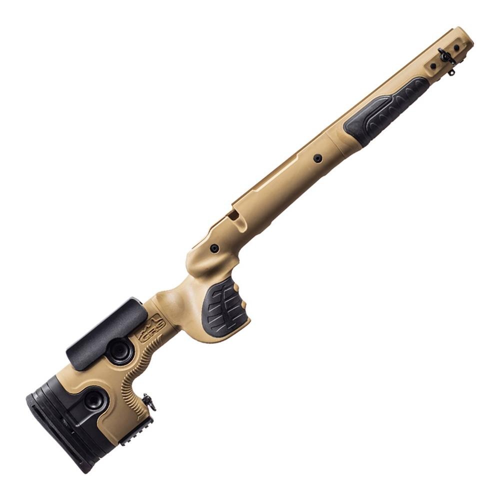 SPORTSMAN GRS Bifrost stock on Blaser R8 rifle with professional brown finish, showing detailed wood grain and ergonomic design.