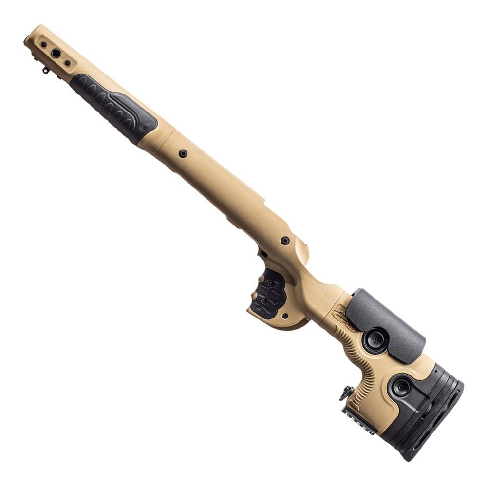 SPORTSMAN GRS Bifrost stock for Blaser R8 rifle, professional brown wood finish, ergonomic design, and precision craftsmanship.