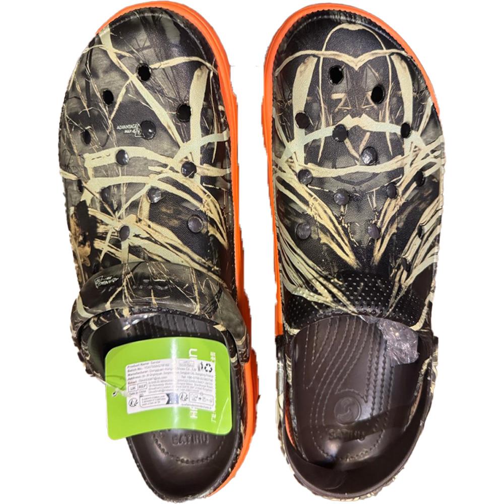 Camo Crocs with orange base by AliExpress, featuring a camouflage pattern and comfortable slip-on design.