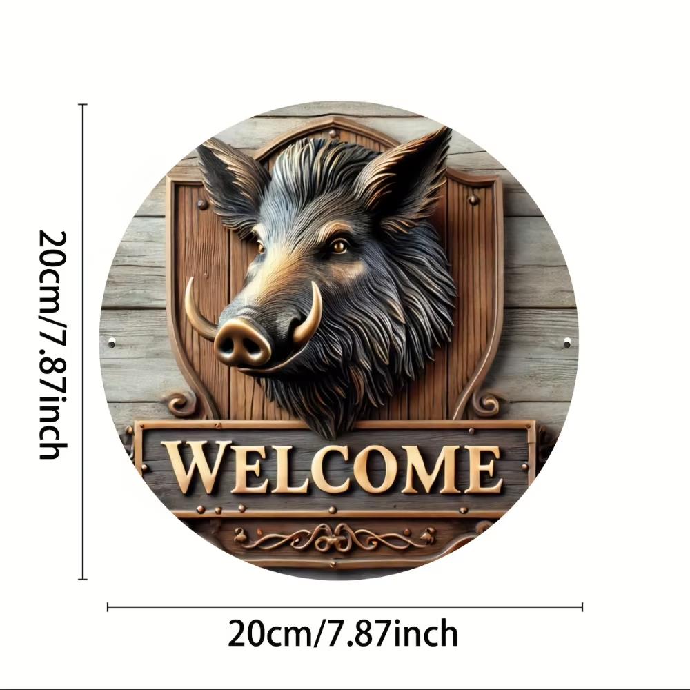 Round metal sign with a boar design and "Welcome" text, ideal for outdoor decor, by A1 DECOY LTD.