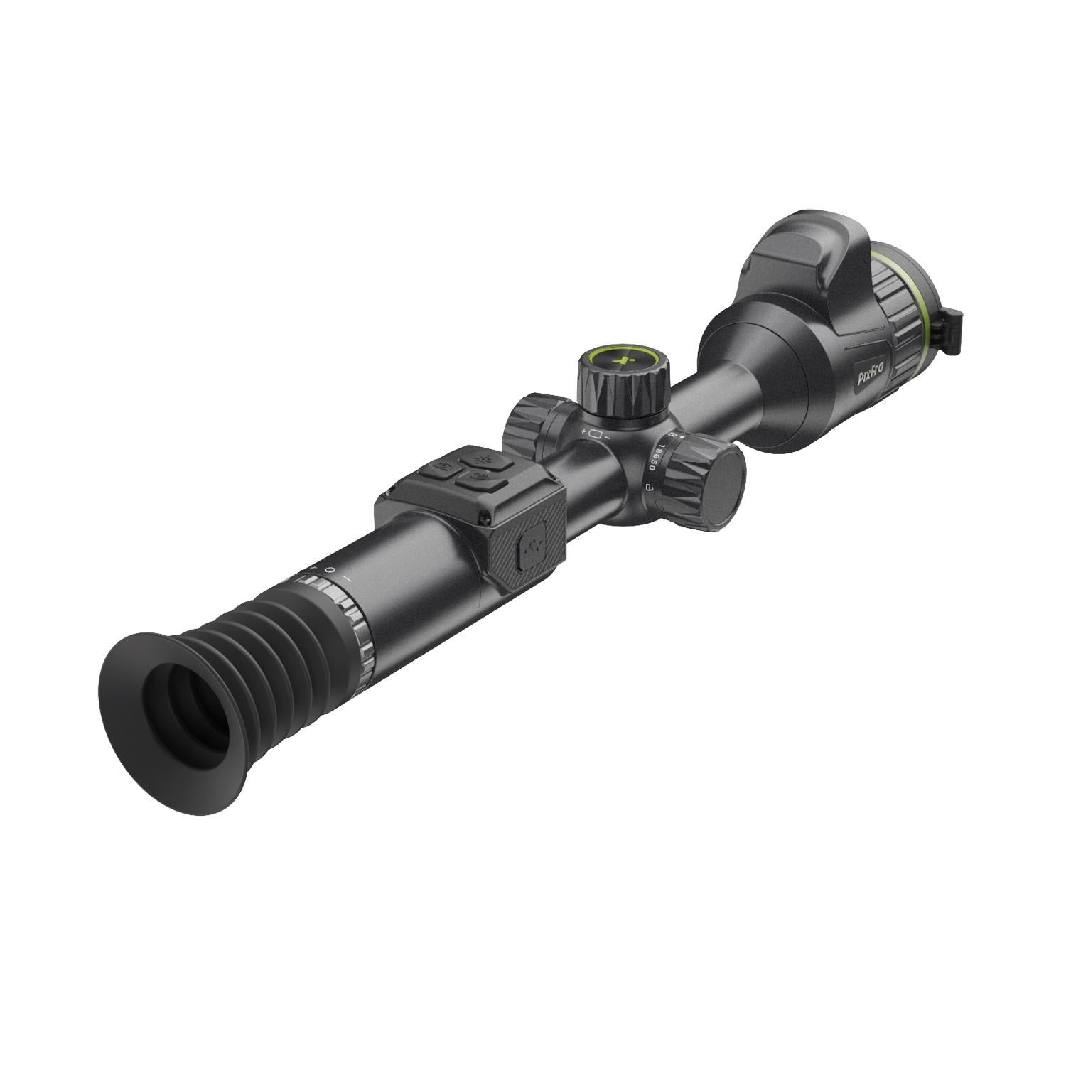 TJACKS Pixfra Volans V850 LRF 4K night vision rifle scope showing adjustable lens and digital display for enhanced targeting.