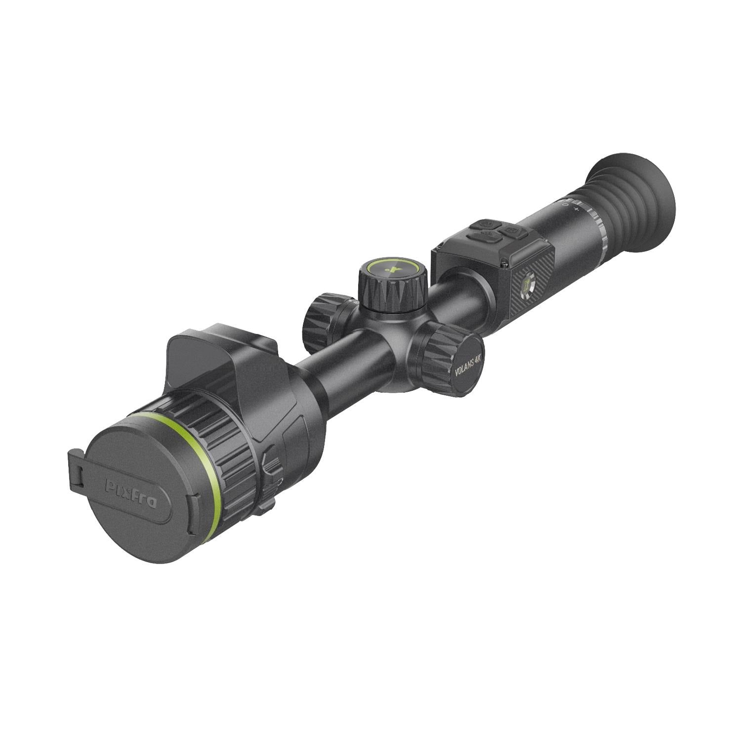 TJACKS Pixfra Volans V850 LRF 4K night vision rifle scope with adjustable lens and illuminated reticle for hunting and shooting.