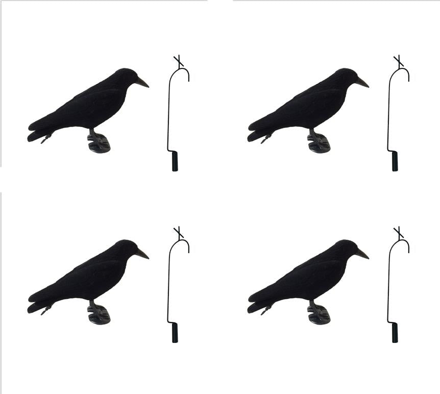 Pack of 4 Flocked Crow Full Body Decoys and 4 Lofting Hooks