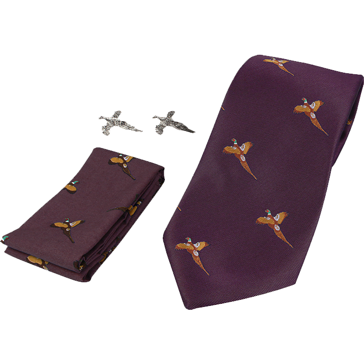 THATCH Pheasant Tie, Hanky, and Cufflink Set in Jack Pyke gift box, featuring pheasant design for elegant men's accessories.