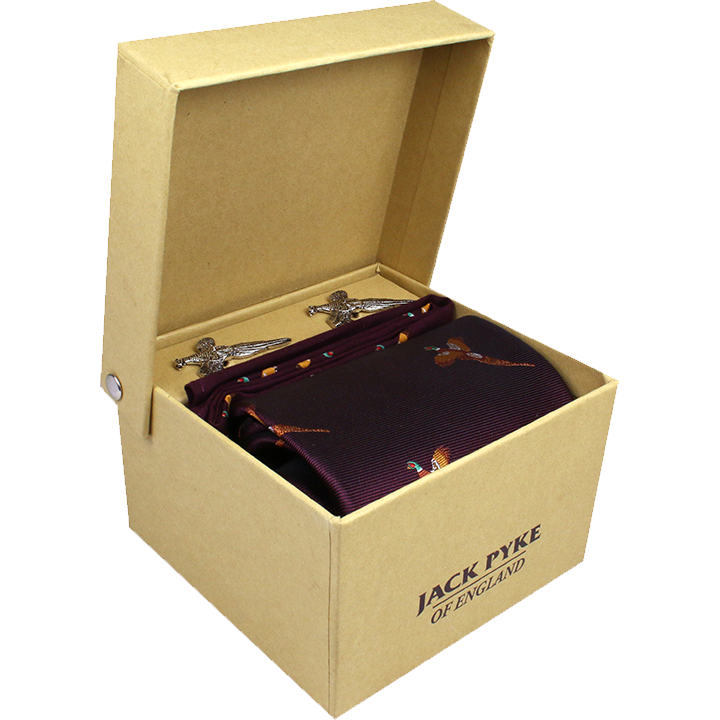 Thatch Pheasant tie, hanky, and cufflink set in a Jack Pyke gift box featuring pheasant feather design.